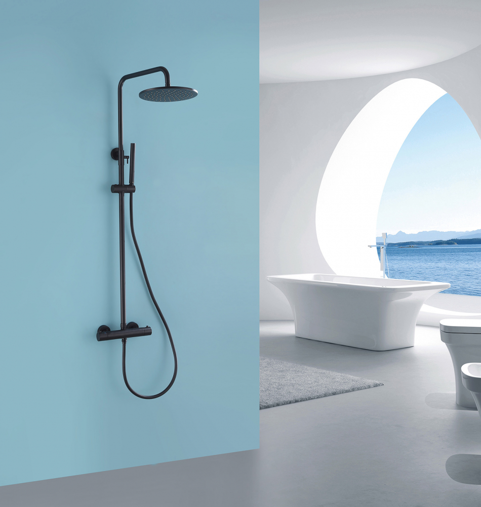Душевая стойка ABBER Wasser Kreis AF8160BL с термостатом без излива, черный матовый 2