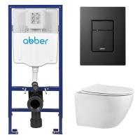 Комплект подвесной унитаз ABBER Bequem AC1100 белый с инсталляцией AC0108 и кнопкой AC0123MB черная матовая