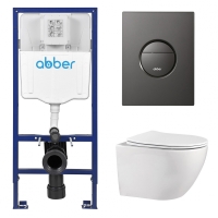 Комплект подвесной унитаз ABBER Bequem AC1100 белый с инсталляцией AC0108 и кнопкой AC0126NG оружейная сталь