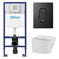 Комплект подвесной унитаз ABBER Bequem AC1102 белый с инсталляцией AC0108 и кнопкой AC0124MB черная матовая