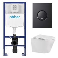 Комплект подвесной унитаз ABBER Bequem AC1102 белый с инсталляцией AC0108 и кнопкой AC0126MB черная матовая
