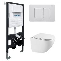 Комплект подвесной унитаз ABBER Bequem AC1131TC белый, с закрытым дном с инсталляцией AC0105 и кнопкой AC0120MW белая матовая