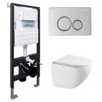 Комплект подвесной унитаз ABBER Bequem AC1131TC белый, с закрытым дном с инсталляцией AC0105 и кнопкой AC0121 хром глянцевый