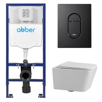 Комплект подвесной унитаз ABBER Rechteck AC1201 белый с инсталляцией AC0108 и кнопкой AC0124MB черная матовая