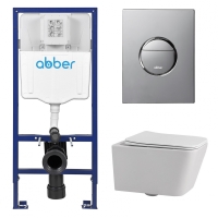 Комплект подвесной унитаз ABBER Rechteck AC1201 белый с инсталляцией AC0108 и кнопкой AC0126 хром глянцевый