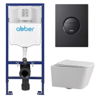 Комплект подвесной унитаз ABBER Rechteck AC1201 белый с инсталляцией AC0108 и кнопкой AC0126MB черная матовая