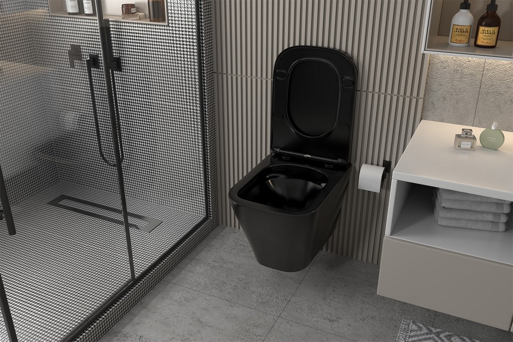 Комплект подвесной унитаз ABBER Rechteck AC1201MB черный матовый с инсталляцией AC0105 и кнопкой AC0120MMG золото матовое 3
