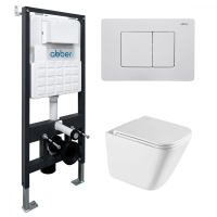 Комплект подвесной унитаз ABBER Rechteck AC1219TC белый, с закрытым дном с инсталляцией AC0105 и кнопкой AC0120MW белая матовая
