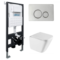 Комплект подвесной унитаз ABBER Rechteck AC1219TC белый, с закрытым дном с инсталляцией AC0105 и кнопкой AC0121 хром глянцевый