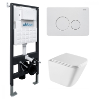 Комплект подвесной унитаз ABBER Rechteck AC1219TC белый, с закрытым дном с инсталляцией AC0105 и кнопкой AC0121MW белая матовая