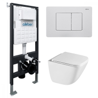 Комплект подвесной унитаз ABBER Rechteck AC1220TC белый, с закрытым дном с инсталляцией AC0105 и кнопкой AC0120MW белая матовая