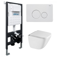 Комплект подвесной унитаз ABBER Rechteck AC1220TC белый, с закрытым дном с инсталляцией AC0105 и кнопкой AC0121MW белая матовая